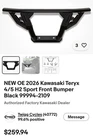 New Oe 2026 Kawasaki Teryx 4/5 H2 Sport Front Bumper Black 99994-2109. Price: $229.00.
